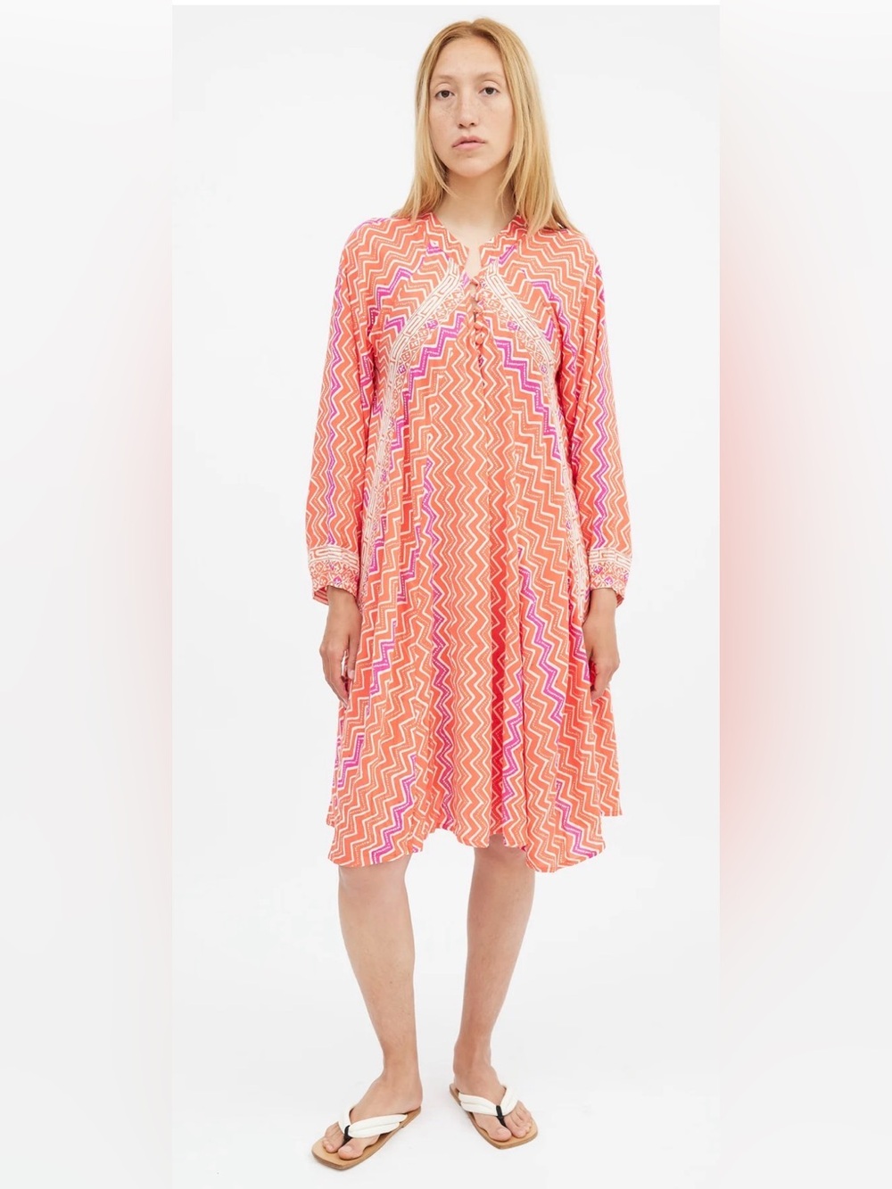 Natalie Martin Fiore Zig Zag Hibiscus Coral and‎ Magenta  Tunic Dress Size XS